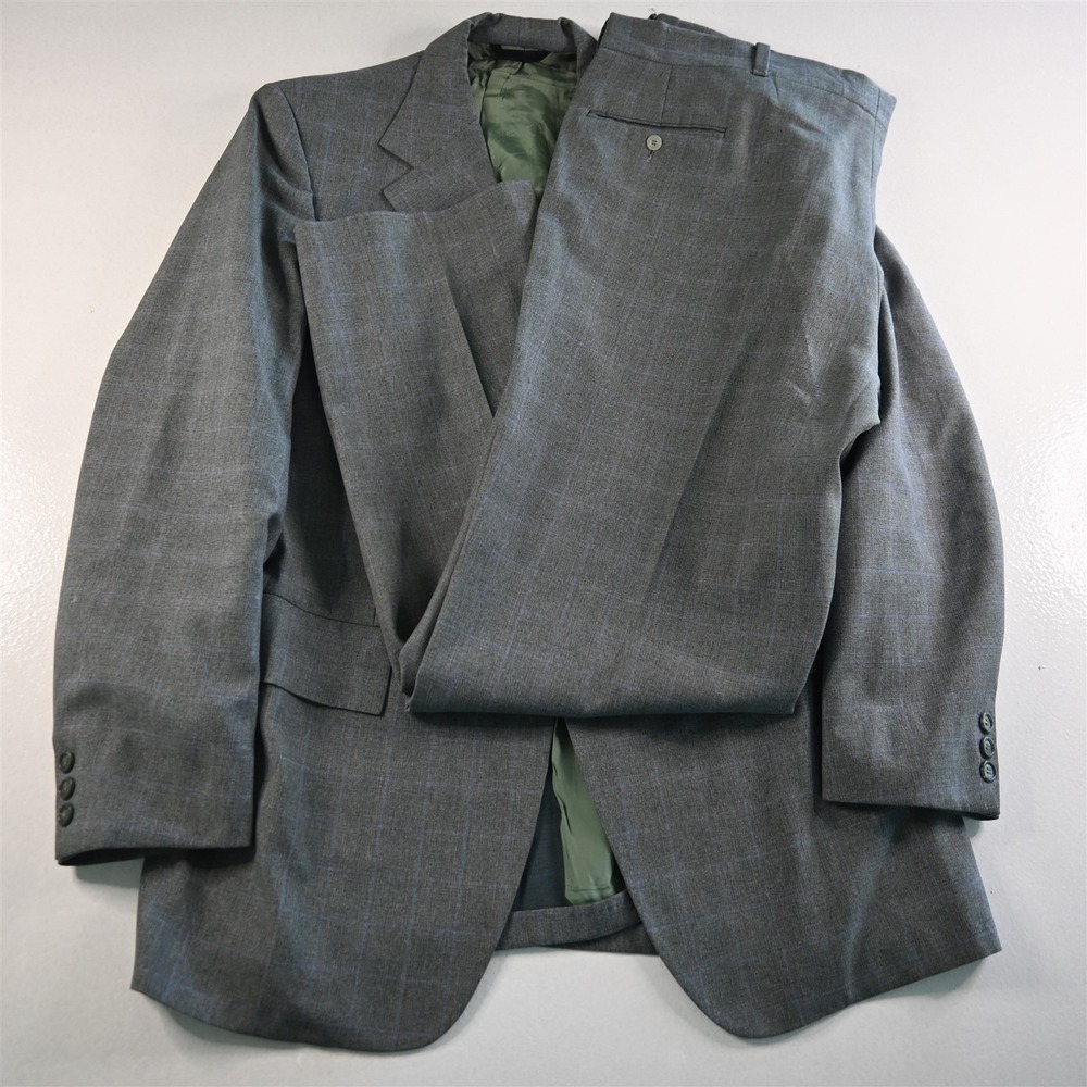 Vtg Merit 44L 40x34 Gray Green Windowpane USA Made Mens Jacket Pants Suit